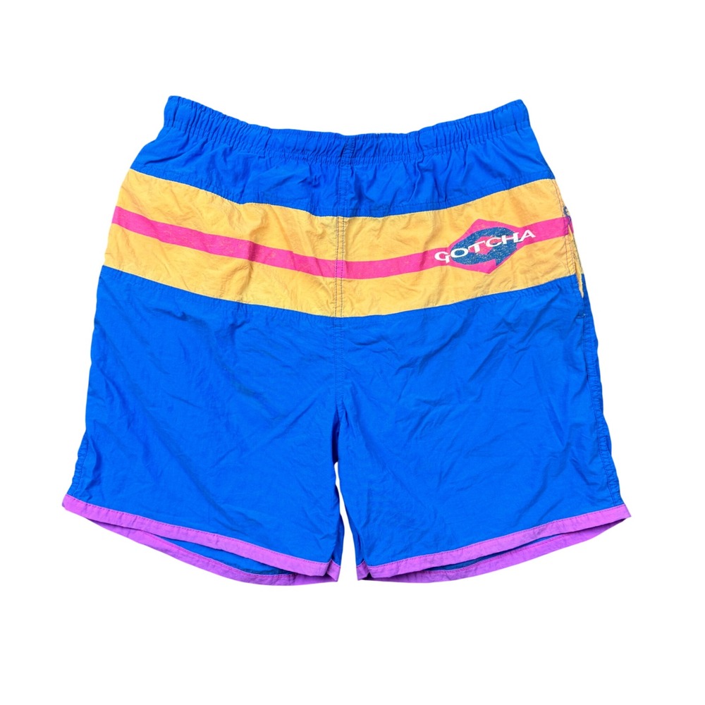 Vintage Gotcha Swim Trunks Mens 32 Blue Nylon Surf 6" Shorts 80s 90s Pockets